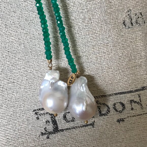 Joie DiGiovanni Lariat Gold Filled Onyx Pearl Necklace Womens Green White Beaded - Picture 6 of 13